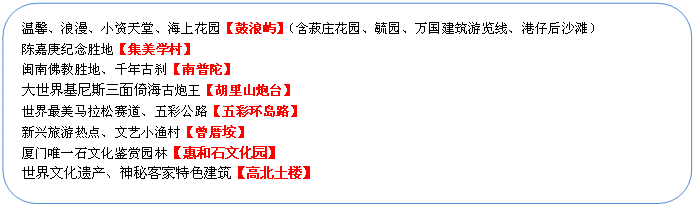 圓角矩形: 溫馨、浪漫、小資天堂、海上花園【鼓浪嶼】（含菽莊花園、毓園、萬國建筑游覽線、港仔后沙灘）
陳嘉庚紀(jì)念勝地【集美學(xué)村】
閩南佛教勝地、千年古剎【南普陀】
大世界基尼斯三面倚海古炮王【胡里山炮臺】
世界最美馬拉松賽道、五彩公路【五彩環(huán)島路】
新興旅游熱點(diǎn)、文藝小漁村【曾厝垵】
廈門唯一石文化鑒賞園林【惠和石文化園】
世界文化遺產(chǎn)、神秘客家特色建筑【高北土樓】
